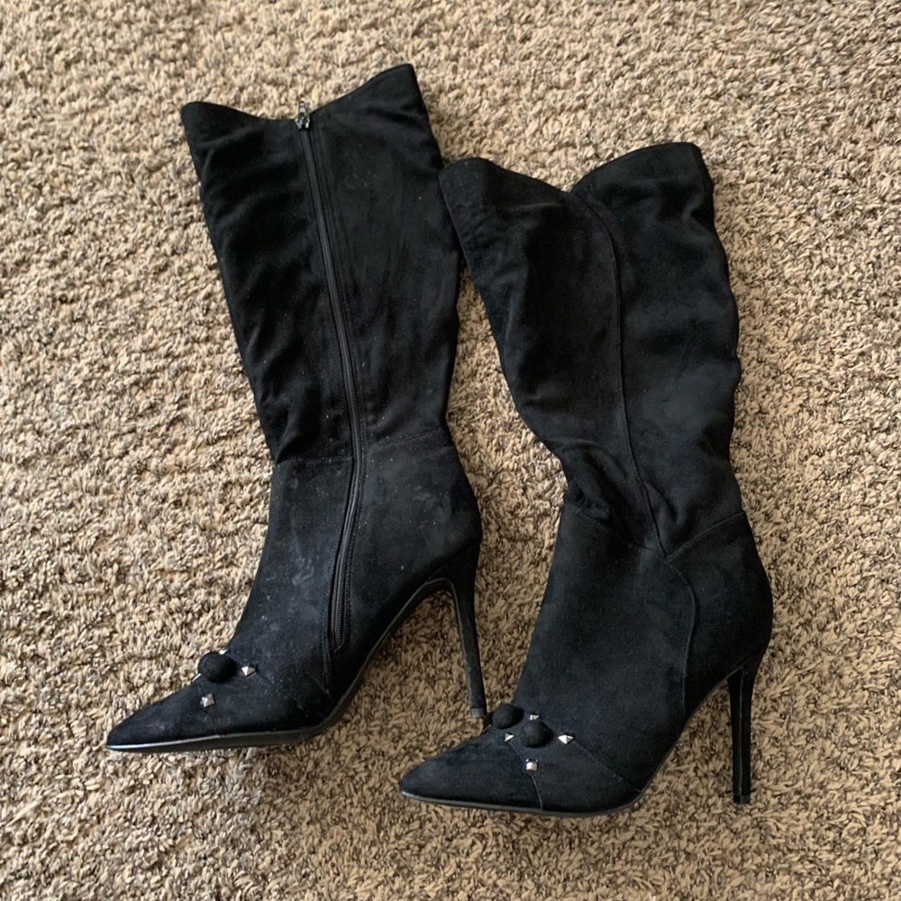 Yokie Black Faux Suede Zipper Knee High Pointed Toe Studded High Heel Boots
